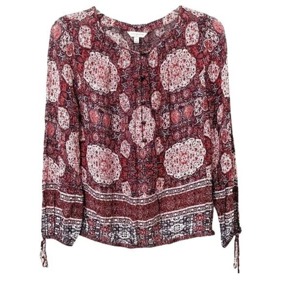 Lucky Brand Peasant Blouse Red Geometric Boho 70s Influenced Retro Button XS - Picture 1 of 8